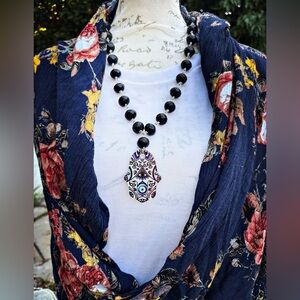 Elegant Black and Blue Hamsa Statement Necklace
